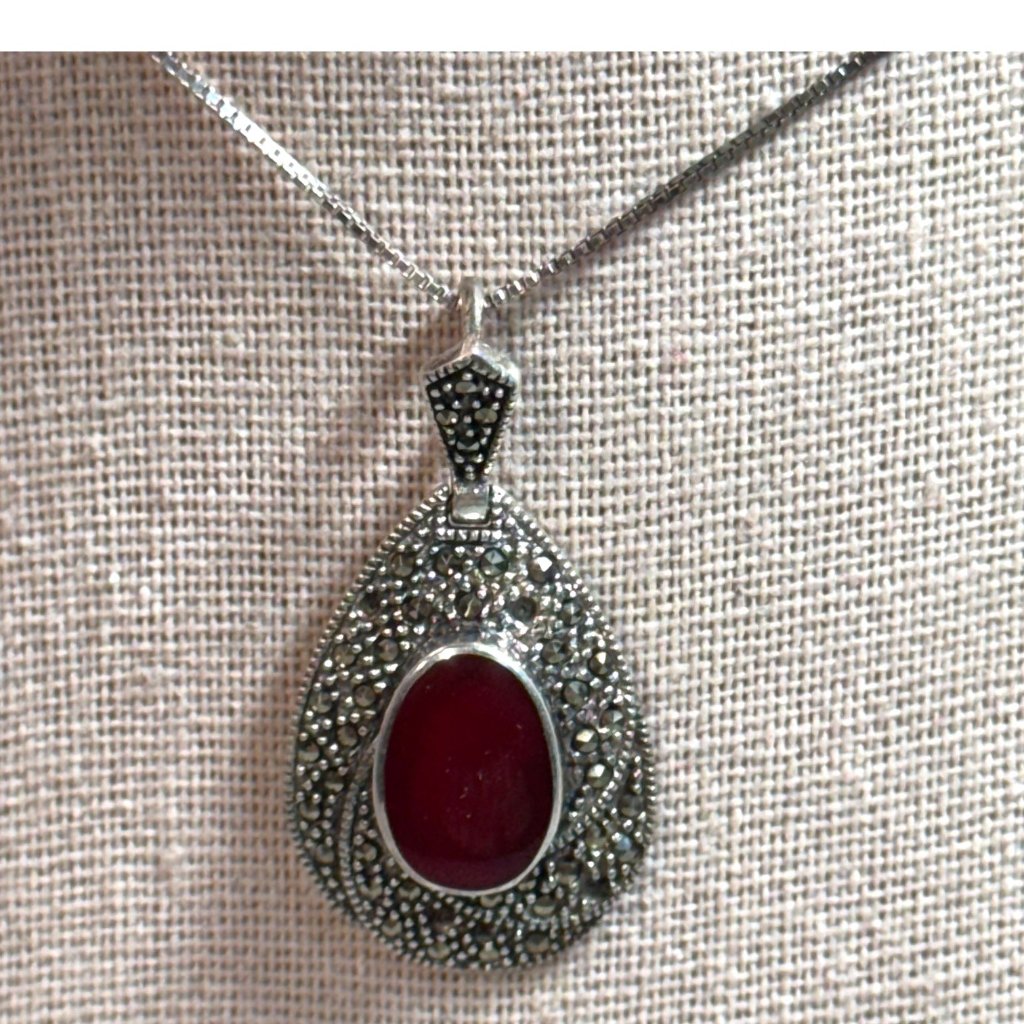 Sterling Silver Marcasite Red Teardrop Pendant Necklace Art Deco Jewelry Design 40$